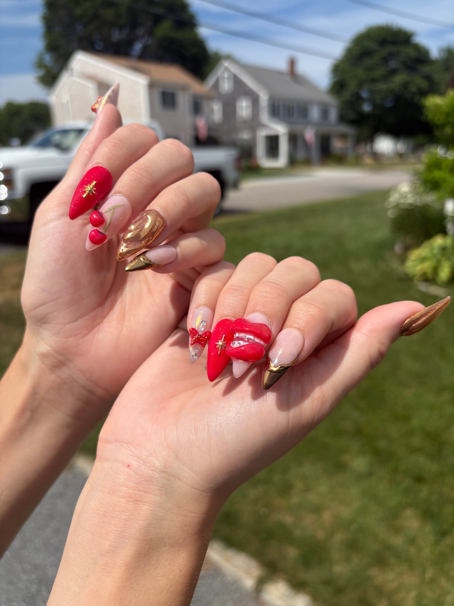 Cherry Lip Gold chrome Stiletto set